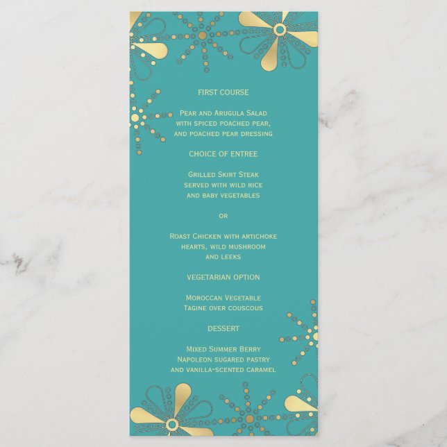 Turquoise & Gold Indian Inspired Slim Dinner Menu (Front)