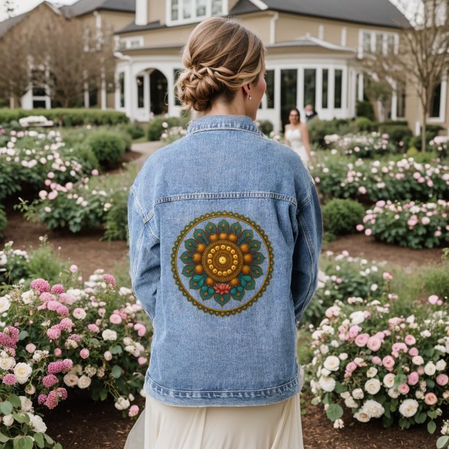 Turquoise Gold Lotus Mandala -Boho Fantasy Graphic Denim Jacket (Wedding Back)
