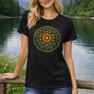 Turquoise Gold Lotus Mandala -Boho Fantasy Graphic T-Shirt