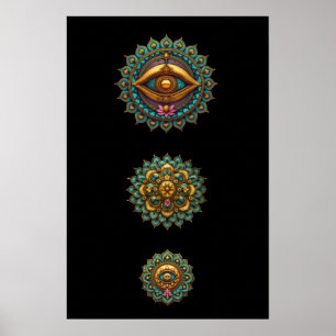 Turquoise Gold Lotus Mandala Eye Art - Graphic Poster