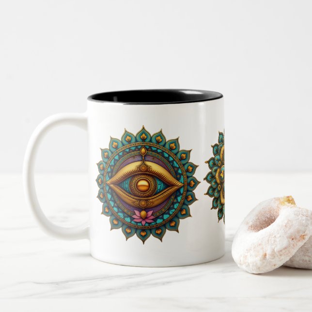 Turquoise Gold Lotus Mandala - Fantasy Graphic Art Two-Tone Coffee Mug (With Donut)