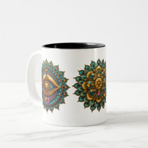 Turquoise Gold Lotus Mandala - Fantasy Graphic Art Two-Tone Coffee Mug