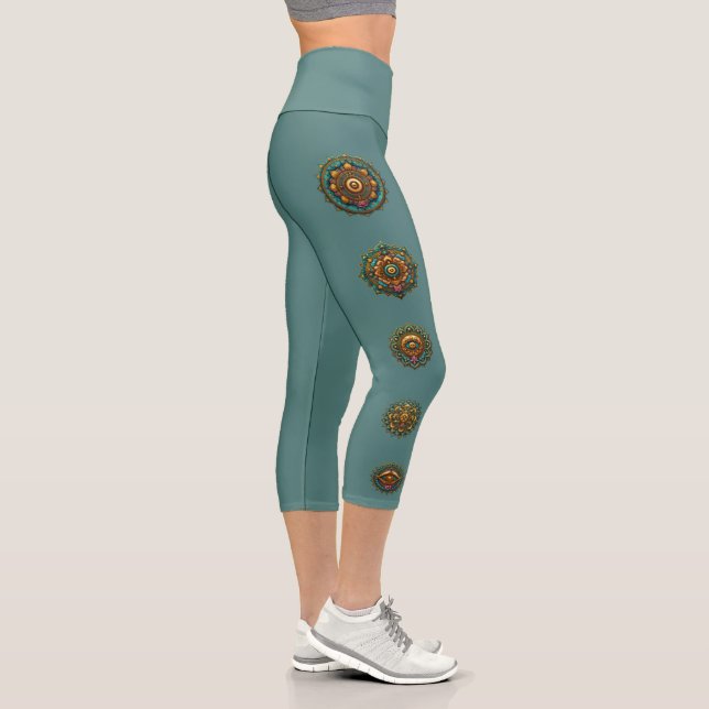 Turquoise Gold Lotus Mandala Print Teal Activewear Capri Leggings (Right)
