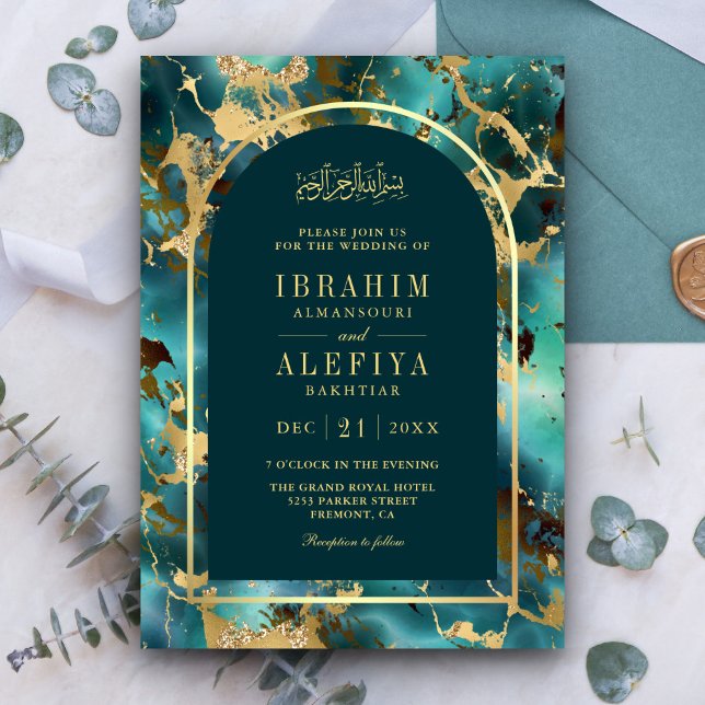 Turquoise Gold Marble Arch Muslim Wedding Invitation (Creator Uploaded)