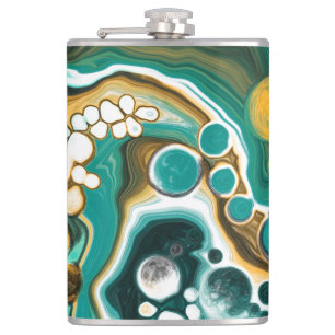 Turquoise, Gold, Marble Fluid Art Hip Flask