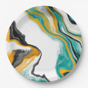 Turquoise, Gold, Marble Fluid Art Paper Plate