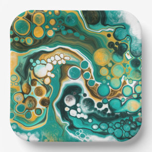 Turquoise, Gold, Marble Fluid Art  Paper Plate