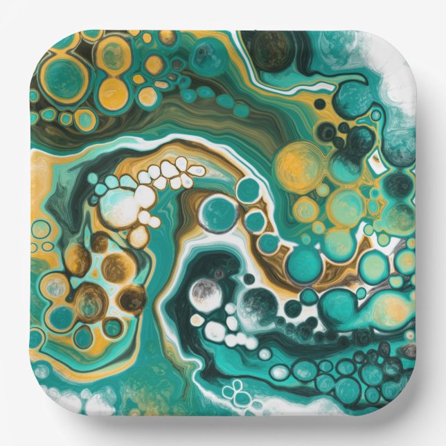 Turquoise, Gold, Marble Fluid Art  Paper Plate (Front)