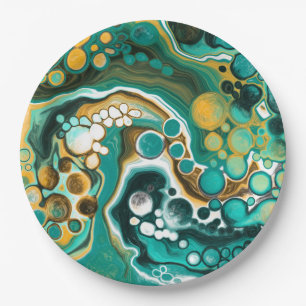 Turquoise, Gold, Marble Fluid Art    Paper Plate