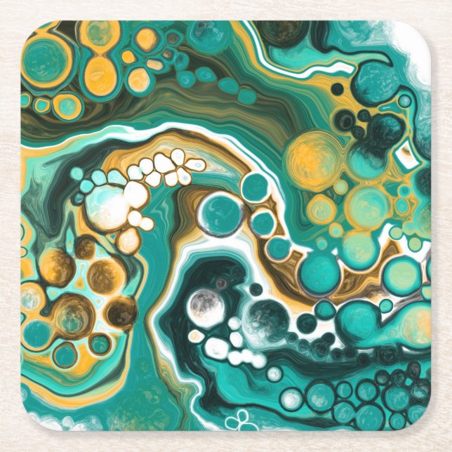 Turquoise, Gold, Marble Fluid Art Square Paper Coaster (Front)