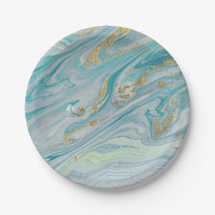 Turquoise & Gold Marble Swirl Agate Geode Bohemian Paper Plate