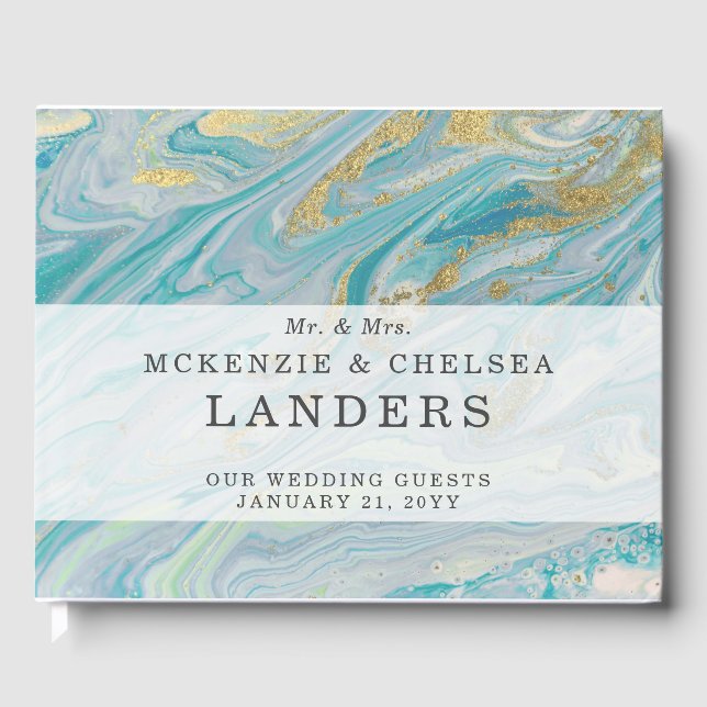 Turquoise & Gold Marble Swirl Agate Geode Wedding Guest Book (Front)