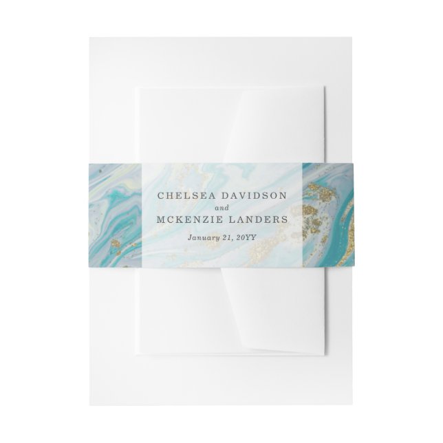 Turquoise & Gold Marble Swirl Agate Geode Wedding Invitation Belly Band (Front Example)