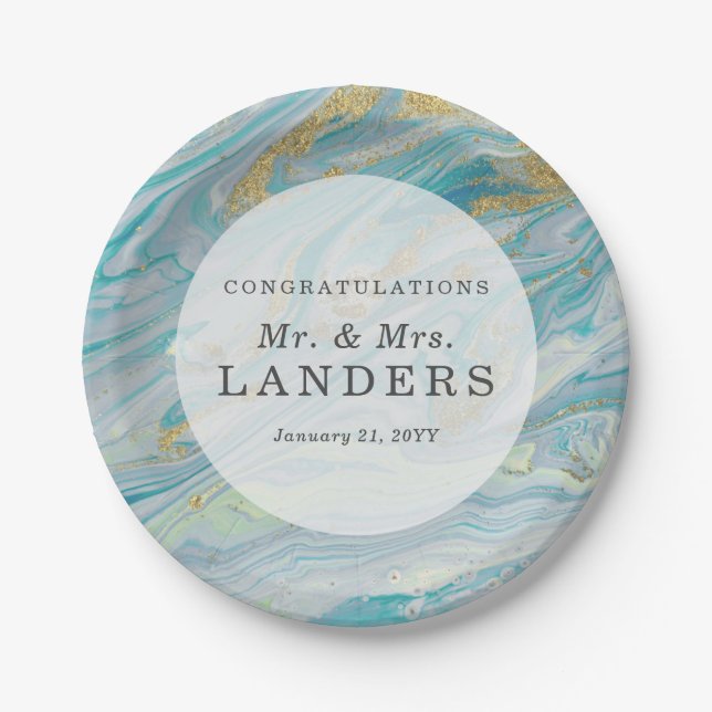 Turquoise & Gold Marble Swirl Agate Geode Wedding Paper Plate (Front)
