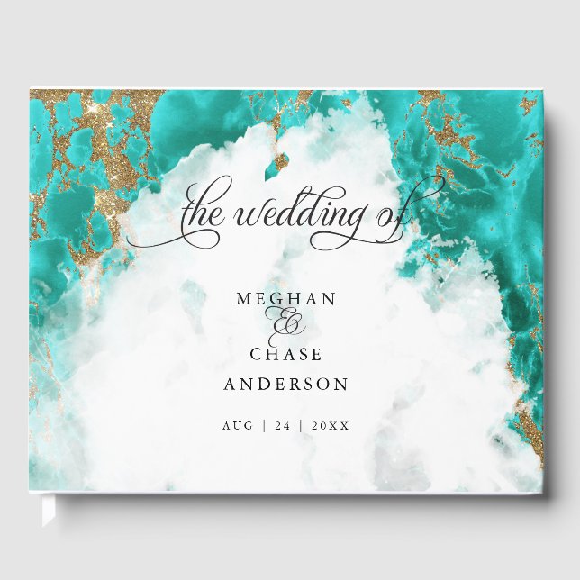 Turquoise Gold Marble  Watercolor  BarefootBride™ Guest Book (Front)