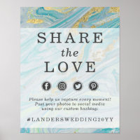 Turquoise & Gold Marble Wedding Hashtag Photo Sign