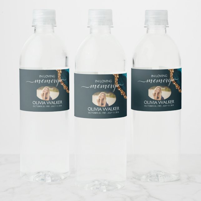 Turquoise & Gold Memorial  Water Bottle Label (Bottles)