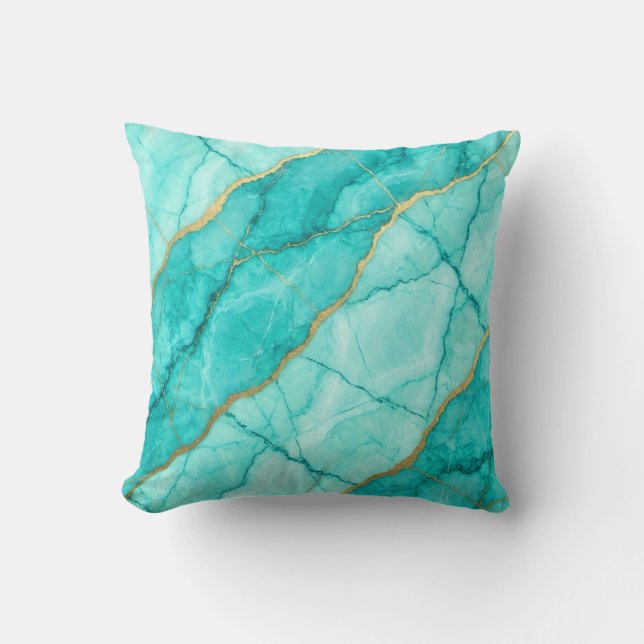 Turquoise + Gold Modern Luxury Marble Throw Pillow (Front)