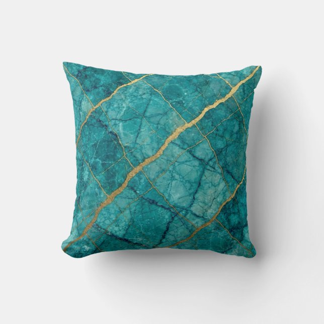 Turquoise + Gold Modern Luxury Marble Throw Pillow (Front)