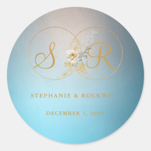 Turquoise Gold Monogram Name Initial Wedding   Classic Round Sticker