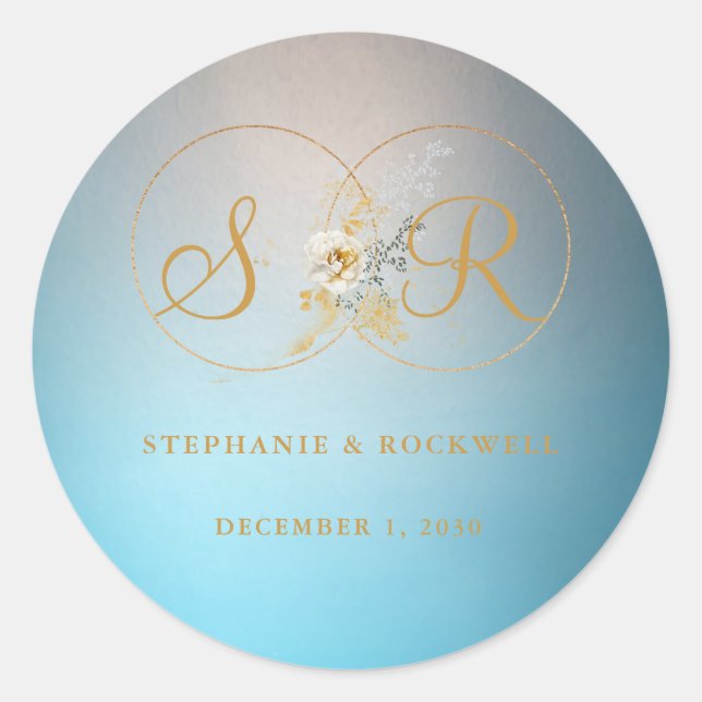 Turquoise Gold Monogram Name Initial Wedding   Classic Round Sticker (Front)