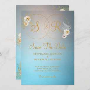 Turquoise Gold Monogram Name Initial Wedding   Save The Date