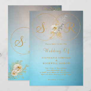 Turquoise Gold Monogram Wedding Invitation
