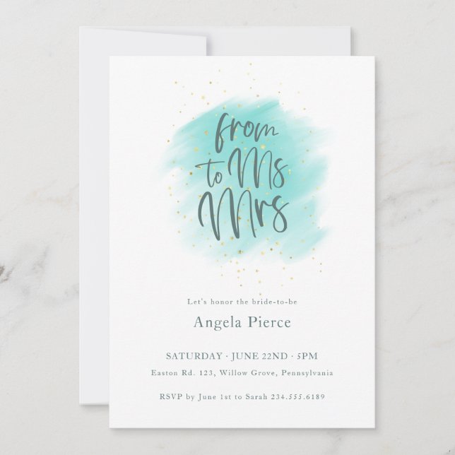 Turquoise Gold Ms to Mrs Calligraphy Bridal Shower Invitation (Front)