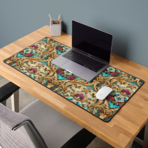 Turquoise & Gold Ornate Damask Desk Mat