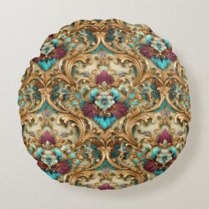 Turquoise & Gold Ornate Damask Round Pillow