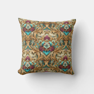 Turquoise & Gold Ornate Damask Throw Pillow