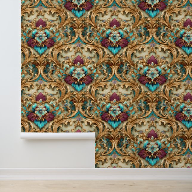 Turquoise & Gold Ornate Damask Wallpaper (Application)