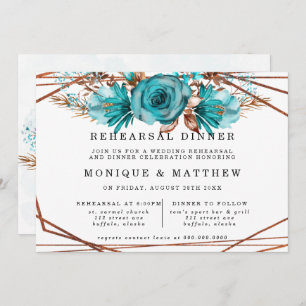 Turquoise Gold Peony Geometric Rehearsal Dinner Invitation