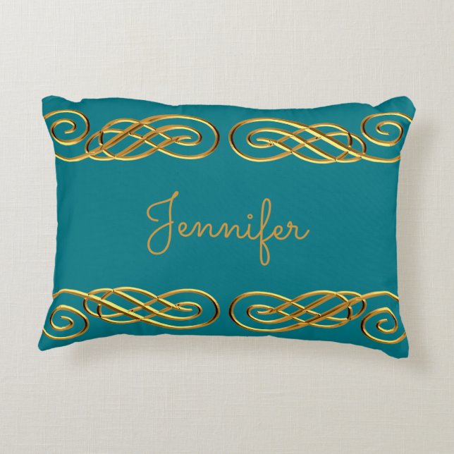 Turquoise & Gold Personalized Throw Pillow (Back)