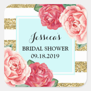 Turquoise Gold Pink Floral Bridal Shower Favour Ta Square Sticker