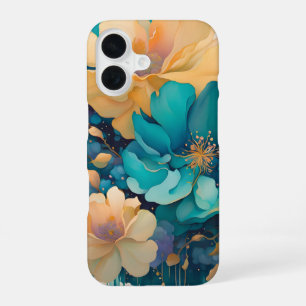 Turquoise Gold Purple Navy Watercolor Flowers iPhone 16 Case