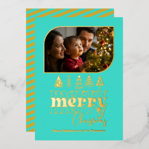 Turquoise & Gold Retro Doodle Christmas Photo Foil Holiday Card