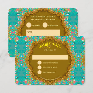 Turquoise Gold Satin Lace RSVP Card