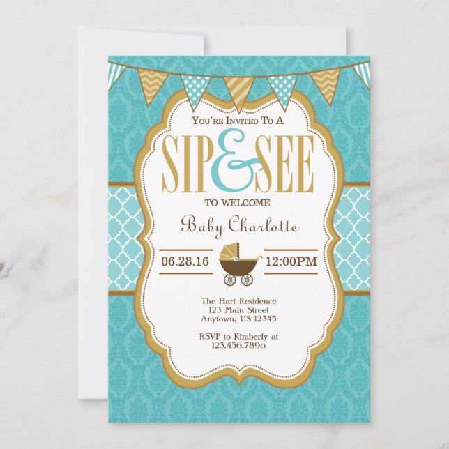 Turquoise Gold Sip Et Voir Invitation (Devant)