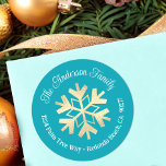 Turquoise Gold Snowflake Modern Simple Address Classic Round Sticker<br><div class="desc">A bold, simple, graphic visual of a faux gold foil snowflake, white calligraphy script, and playful, whimsical white typography overlay a turquoise blue background. Help usher in the Christmas, Hanukkah, and New Year holiday season whenever you use this stylish and modern custom return address label sticker. Personalize with your name...</div>