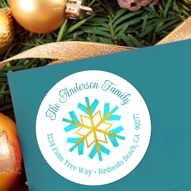 Turquoise Gold Snowflake Modern Simple Address Classic Round Sticker (Creator Uploaded)