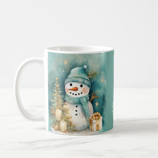 Turquoise & Gold Snowman with Christmas Tree Coffee Mug (Left)