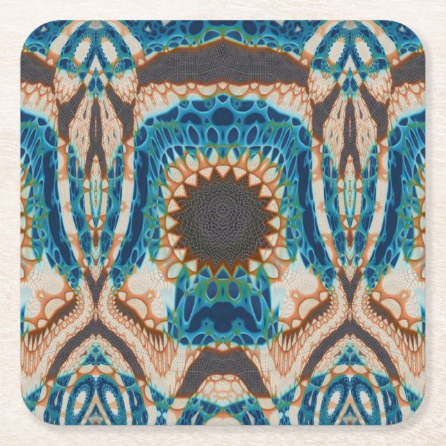 Turquoise Gold Sun Southwestern Art Square Paper Coaster (Front)