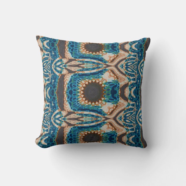 Turquoise Gold Sun Southwestern Art Throw Pillow (Front)