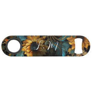 Turquoise, gold, sunflowers bottle opener bar key