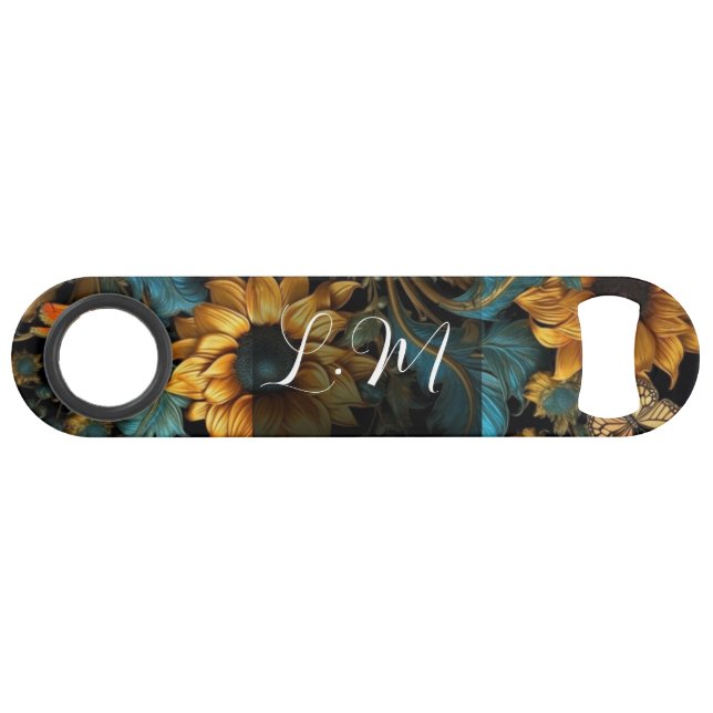 Turquoise, gold, sunflowers bottle opener bar key (Front (Horizontal))