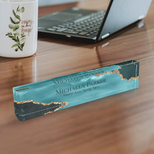 Turquoise Gold Teal Blue Agate Geode Elegant Nameplate