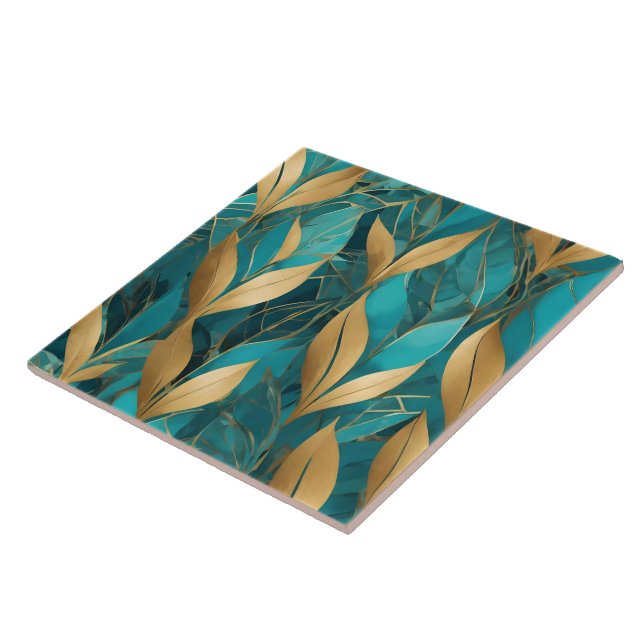Turquoise Gold Trendy Boho Leaves Collection Tile (Side)