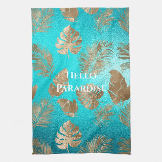 Turquoise Gold Tropical Leaves Kitchen Towel (Vertical)