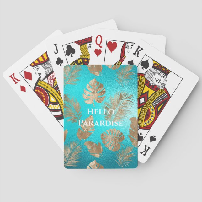 Turquoise Gold Tropical Leaves Playing Cards (Back)